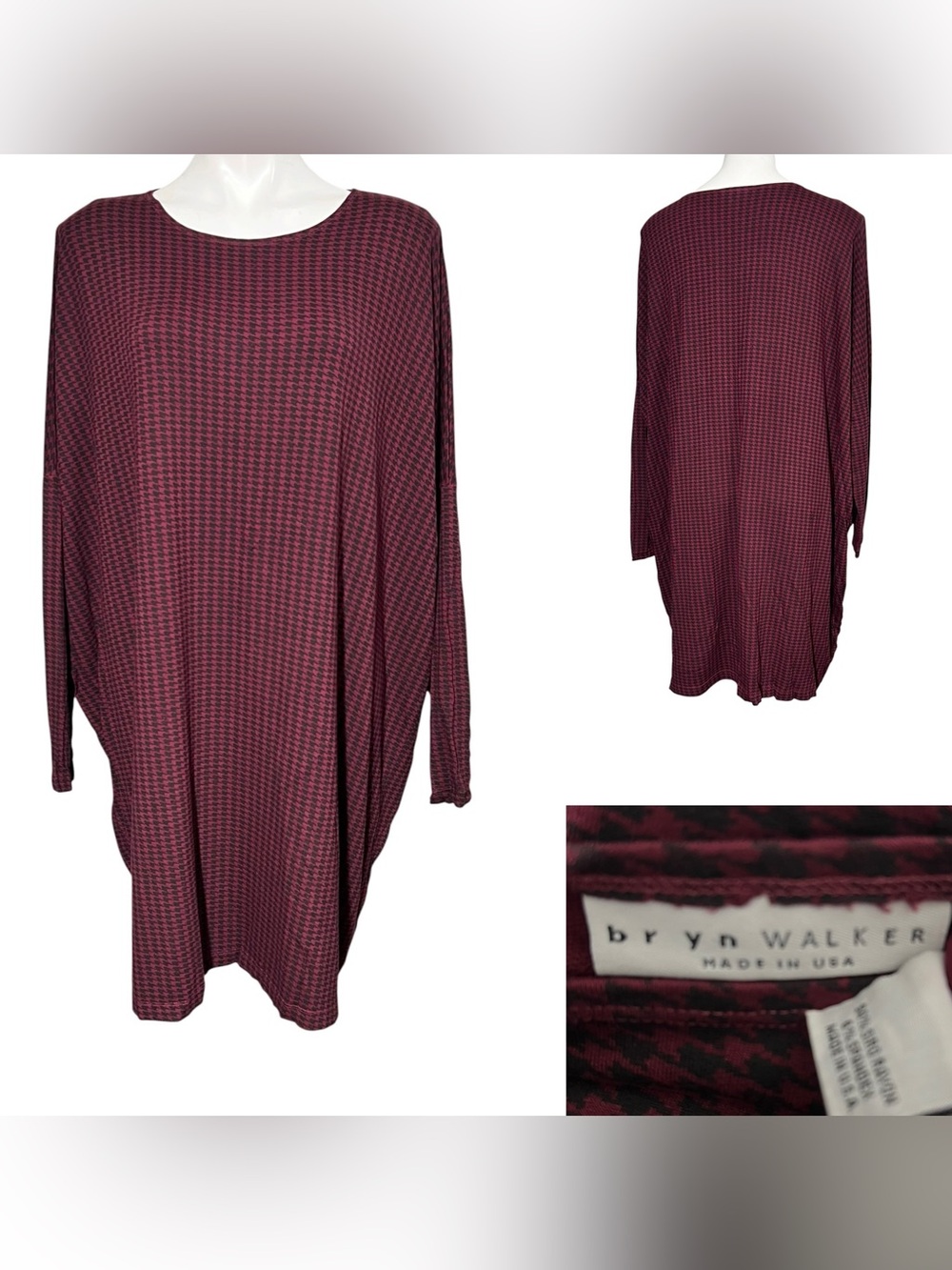 bryn Walker oversized tunic sweater dress XL Burgundy Houndstooth Long Sleeve